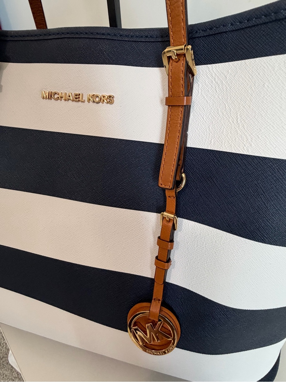 Michael Kors Jet Set Travel Navy & White Striped Tote with Brown Leather Straps - Picture 6 of 9